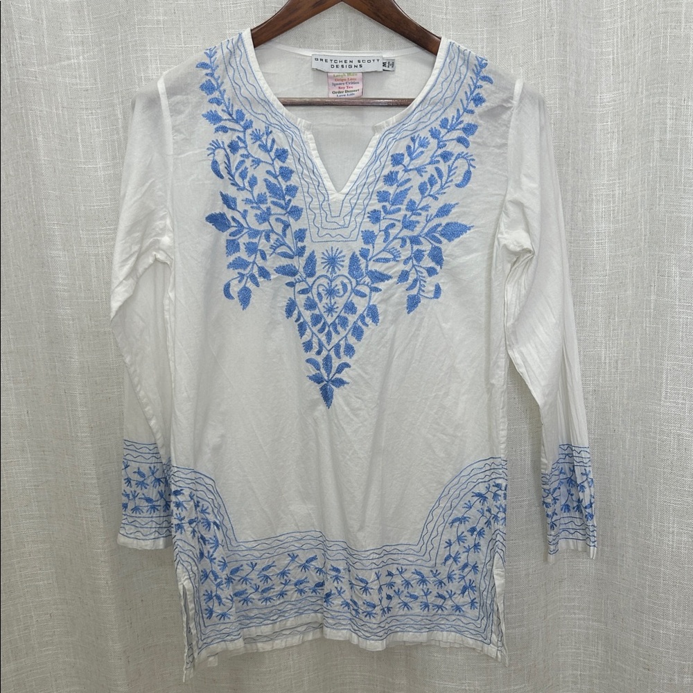 Gretchen Scott Designs White W/Blue Embroidery Tunic Top Size Medium